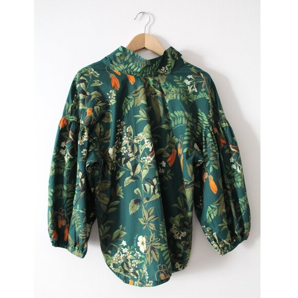 Cara Cara Diane Blouse / Medium / Botanical Birds Emerald Green Bow Balloon - Picture 8 of 14